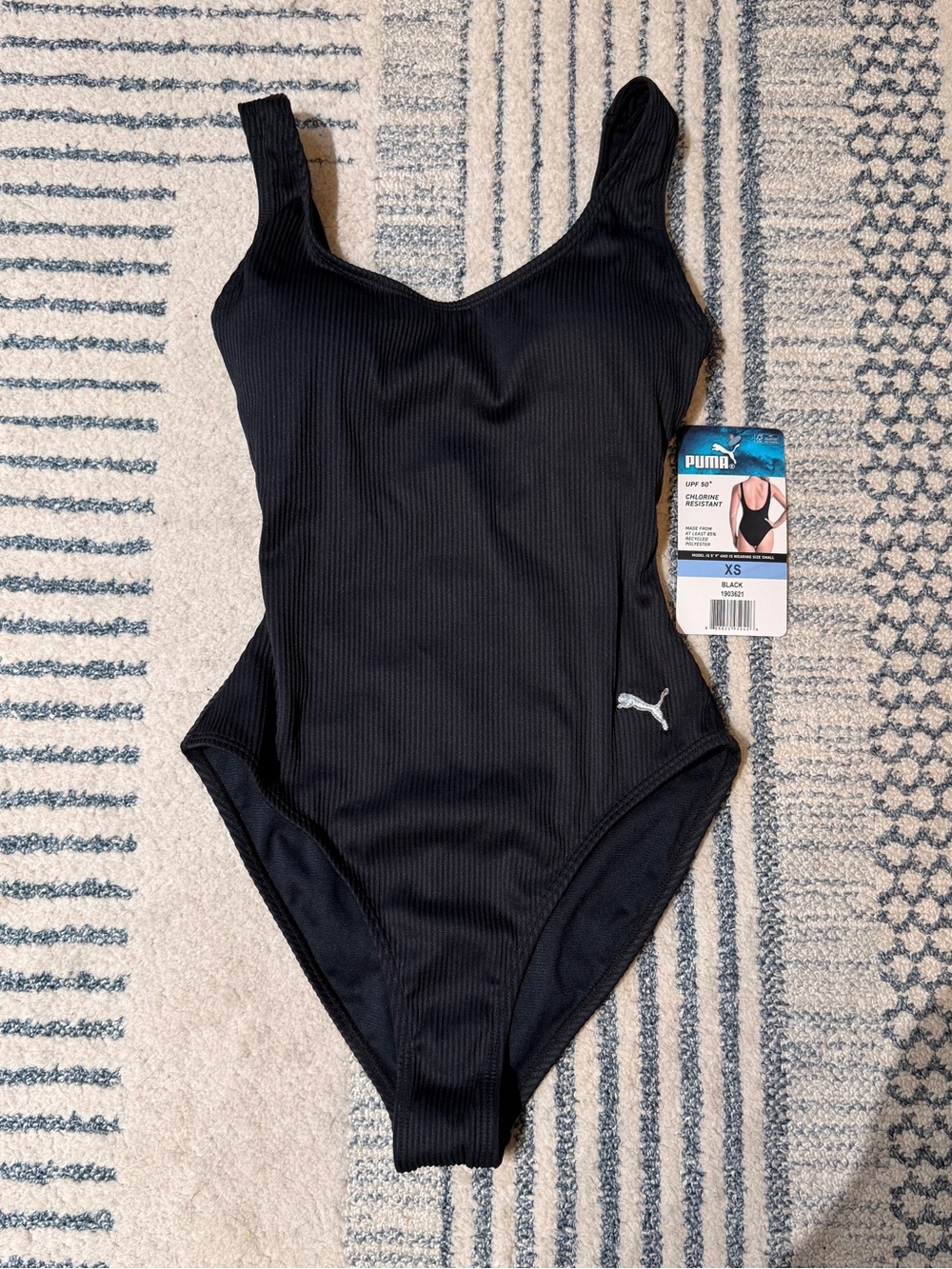 NWT Puma Black Ribbed French High Cut Scoop One-Piece Swimsuit Chlorine Resist